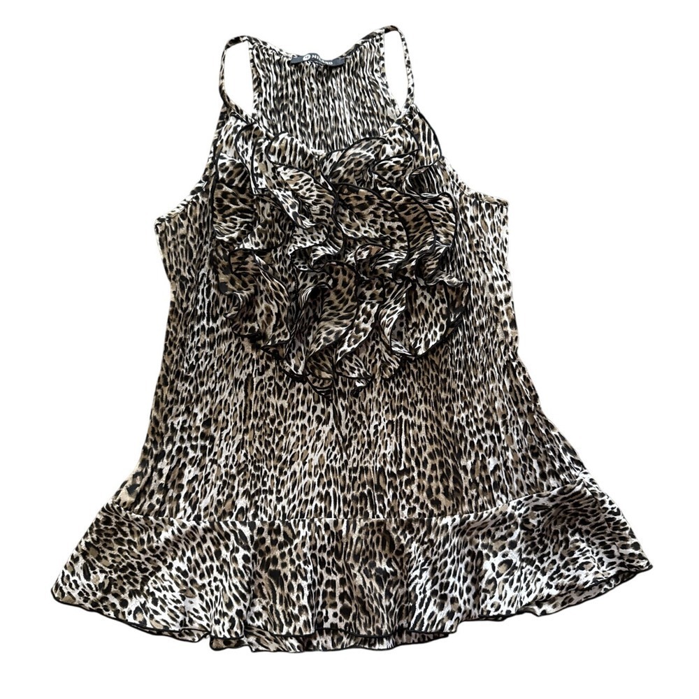 Milano Womens Y2K Ruffle Front Top Leopard Print Accordian Pleated Blouse‎ OS